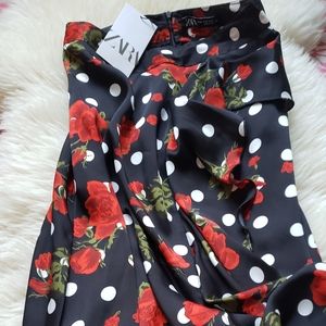 ZARA Flamenco Black/White Dot Red Roses Skirt NWT